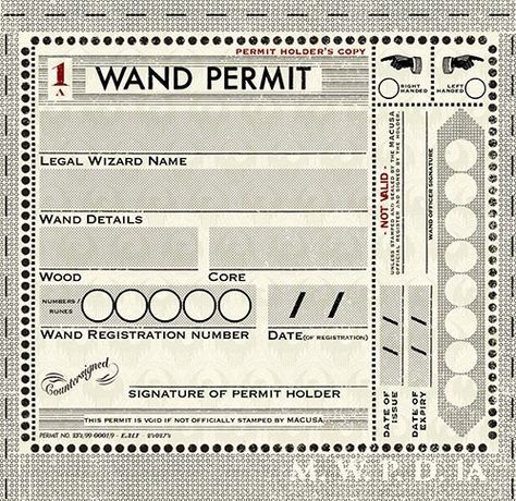 Prior to 1965, MACUSA legislation introduced in the late 19th century made it mandatory for every witch and wizard in the United States of America to carry a wand permit. This measure was taken to keep track of all magical activity and quickly identify any wizards who used their wands in noncompliance of the International Statute of Wizarding Secrecy and Rappaport's Law. Everyone, citizens and visitors, had to carry a wand permit. Failure to do so would result in imprisonment, prosecution... Wand Permit, Harry Potter Weihnachten, Imprimibles Harry Potter Gratis, Sculptures Abstract, Harry Potter Day, Classe Harry Potter, Harry Potter Christmas Decorations, Imprimibles Harry Potter, Harry Potter Wiki