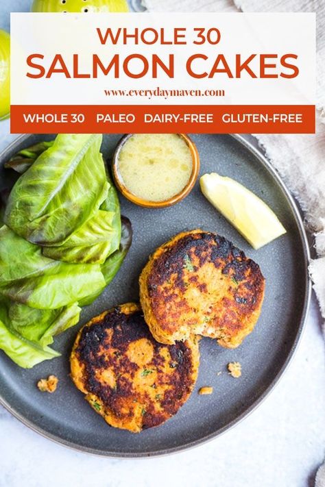 These easy Paleo Salmon Cakes are loaded with flavor and can be pan-fried or baked in the oven. You can freeze the salmon cakes before or after cooking for an easy freezer meal. Whole30 compatible!    #salmoncakes #paleosalmoncakes #whole30salmoncakes #salmonpatties #cannedsalmon #salmonrecipe #salmonburgers #glutenfreesalmon #dairyfreesalmon Salmon Canned Recipes, Whole 30 Salmon Cakes, Pan Fried Trout, Paleo Seafood, Paleo Salmon Cakes, Salmon Recipes Oven, Keto Favorites, Gluten Free Salmon, Paleo Salmon