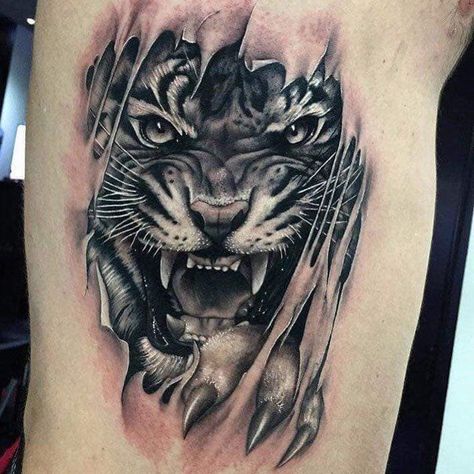 Tear away skin Coming Out Of Skin Tattoo, Skin Tear Tattoo, Tiger Tattoo Thigh, Tattoo Japonais, Tiger Face Tattoo, Tiger Tattoo Sleeve, Tattoo Lion, Skin Tattoo, Lion Head Tattoos