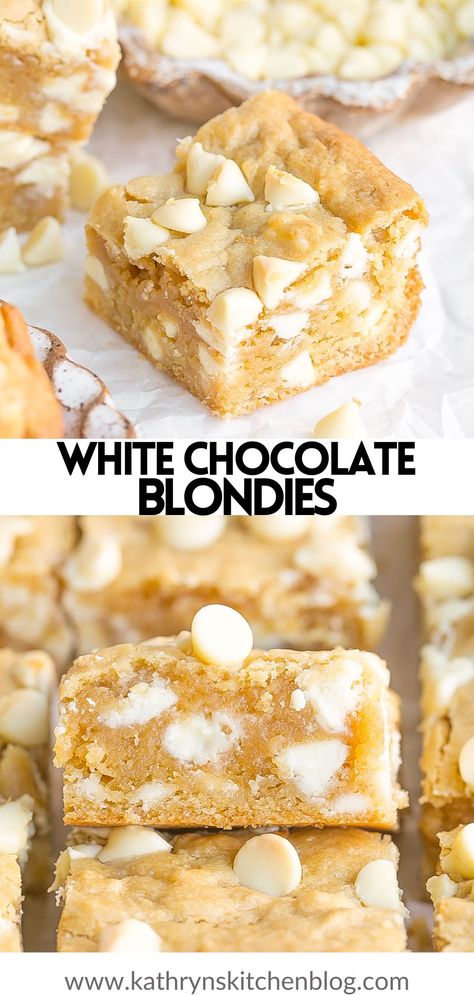 Delicious White Chocolate Blondies are ultra buttery with a chewy texture and loaded with white chocolate flavor! Perfect for all occasions any time of year and are so easy to make! Blonde Brownie Recipes, Dessert Recipes White Chocolate, White Chocolate Chip Blondies, White Chocolate Chips Recipes, White Chocolate Blondies Recipe, Chocolate Blondies Recipe, White Chocolate Desserts, Chocolate Cookie Bars, Desserts With Chocolate Chips