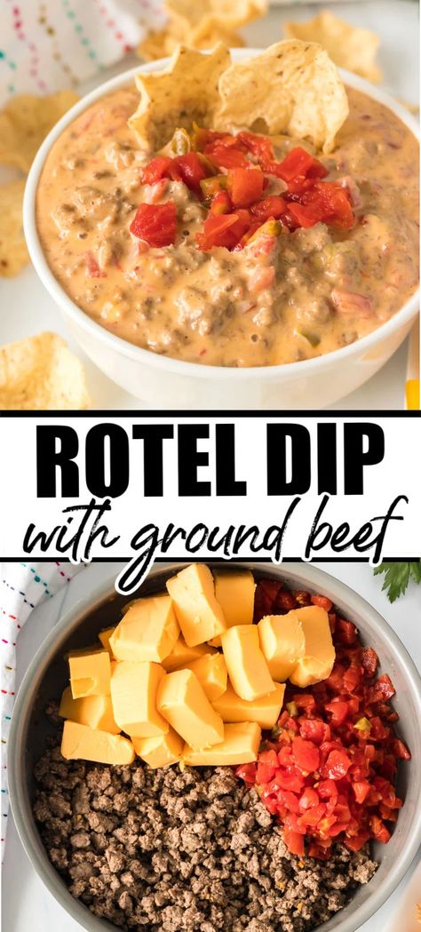 Nachos For Dinner Ground Beef, Football Food With Ground Beef, Spicy Rotel Dip With Ground Beef, Rotel With Ground Beef, Best Rotel Dip With Ground Beef, Appetizer Recipes With Ground Beef, Easy Dinner Recipe With Ground Beef, Baked Rotel Dip, Nachos Recipe Easy Ground Beef