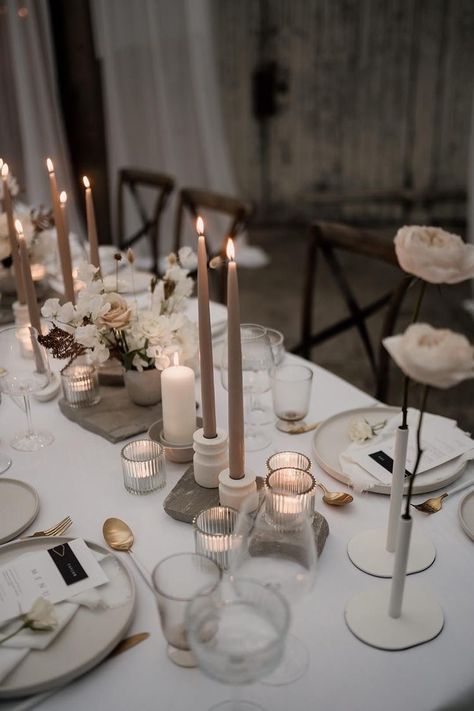 Minimalist Wedding Table Decor, Candle Tablescapes, Beige Candles, Taper Candles Wedding, Minimalist Wedding Table, Neutral Wedding Decor, Welsh Wedding, Pillar Candles Wedding, Ceiling Drapes