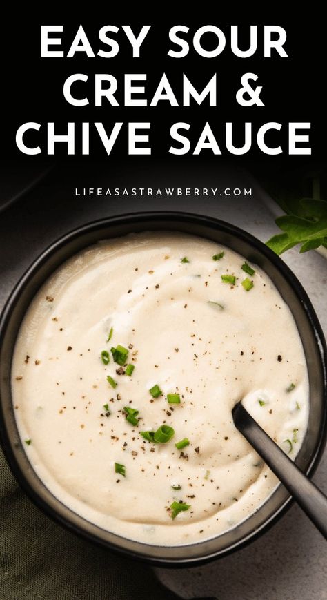 This easy sour cream sauce is perfect with pasta, steak, fish, potatoes, pierogi, and more! Start with some garlic and butter, then whisk a quick roux together and add some chicken broth or vegetable broth. Add plenty of sour cream and fresh chopped chives, and you're ready to go! Drizzle this sauce over pierogies, twice baked potatoes, mashed potatoes, and more - just like a creamy sour cream gravy! You can also toss this sauce with pasta for an easy dinner. With step by step photos. Easy Sour Cream Sauce, Pierogi Sauce, Aioli Recipes, Sour Cream Gravy, Fish Potatoes, Chive Sauce, Planning 2024, Potatoes Mashed, Savory Dips