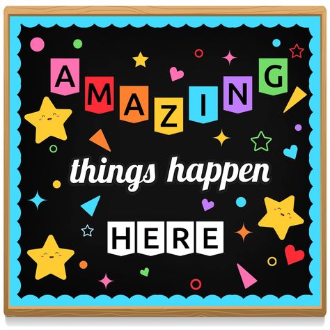 PRICES MAY VARY. 【 Bulletin Board Decoration Set 】You will receive individual letter cut-outs for the words "Amazing Things Happen Here". 3 x star, 25 x colorful classroom borders, 120 x glue dots, 100 x stickers confetti. 【 Fun and Eye Catching 】Vibrant motivational cutouts features an assortment of eye-catching colors that will brighten and liven up any setting. Create a warm and encouraging environment with this ready made bulletin board display. 【 Thoughtful Details 】 Our Classroom cutouts a Amazing Things Happen Here, Star Bulletin Boards, Welcome Bulletin Board, Bulletin Board Wall, Bulletin Board Decoration, Welcome Bulletin Boards, Kindergarten Bulletin Boards, Bulletin Boards Classroom Decor, Teacher Bulletin Boards