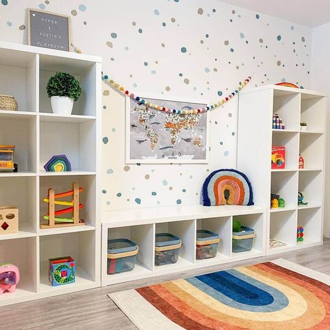 Ikea Kids Playroom Ideas, Playroom Kallax Ideas, Ikea Kallax Playroom Ideas, Kallax Playroom Ideas, Montessori Playroom Small Space, Ikea Kallax Playroom, Ikea Playroom Ideas, Kallax Playroom, Kallax Kids Room