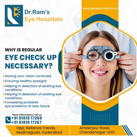 Importance Of Regular Eye Check-Up Eye checkups are a must at least twice a year! Best Eye Hospital In Madinaguda #ramseyehospital #madinaguda #chandanagar #eyerelatedproblems #regulareyecheckup Eye Examination, Healthcare Ads, Eye Specialist, Eye Care Center, Eye Surgeon, Eye Hospital, Eye Problems, Improve Nutrition, Vision Problems