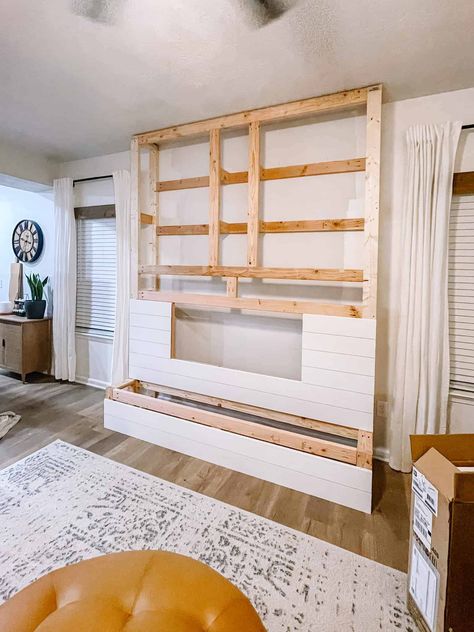 DIY electric fireplace Build An Electric Fireplace, Diy Shiplap Electric Fireplace, Shiplap Electric Fireplace, Stand Decoration Ideas, Tv Wall Unit Designs, Diy Shiplap Fireplace, Diy Fireplace Mantle, Electric Fireplace Living Room, Electric Fireplace Wall