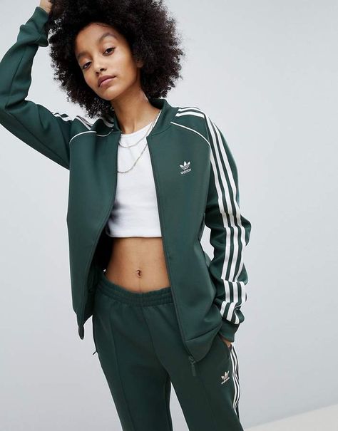 adidas Originals adicolor Three Stripe Track Jacket In Green Green Adidas Tracksuit, Adidas Tracksuit Women, Jogging Adidas, Adidas Originals Jacket, Socks Outfit, Look Adidas, Tracksuit Outfit, Adidas Tracksuit, Adidas Shoes Women