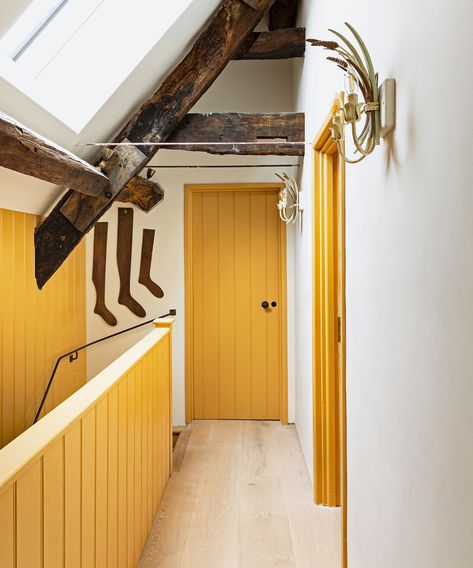 The world's best interior designers love using this color | Homes & Gardens | Trumpington Edward Bulmer, Hallway Woodwork, Painted Woodwork, Emma Lewis, Edward Bulmer, Natural Paint, Tongue And Groove Panelling, Yellow Towels, Door Frames