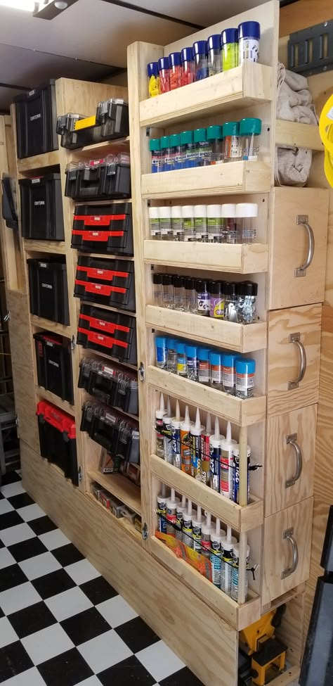 Work Trailer Tool Storage, Cargo Van Tool Storage Ideas, Electrical Tool Storage Ideas, Work Trailer Shelving Ideas, Trailer Shelf Ideas, Cargo Trailer Tool Storage Ideas, Semi Trailer Storage Shed, Workshop Shelving Ideas, Trailer Storage Ideas Construction