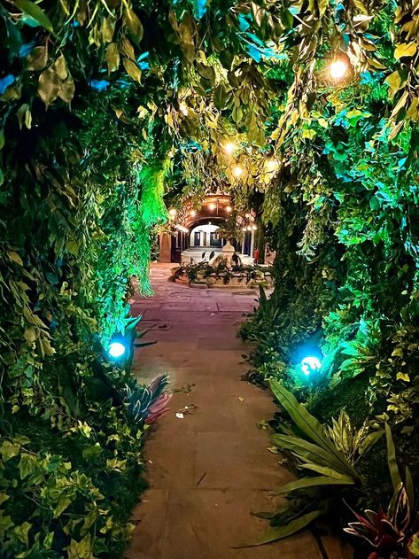 Created using our fire retardant and artificial foliage. How stunning is this tunnel? It is perfect as an entrance or as a feature piece. Even better yet, they can be customised and bespoke to your choice. Speak to our team: www.event-trees.com , for more information. Jungle Theme Decorations, Tunnel Design, Rave Aesthetic, Quinceanera Themes Dresses, Enchanted Forest Theme, Event Entrance, Neon Jungle, Tree Tunnel, Party Entrance