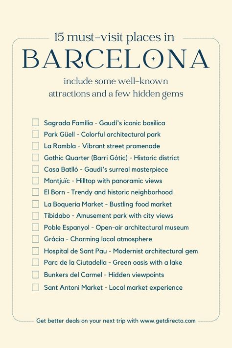 Discover the 15 Iconic Places to Visit in Barcelona. Save for your next trip! Barcelona Travel Checklist, Places To Go In Barcelona, Trip To Barcelona Spain, Barcelona Weekend Trip, Barcelona Spain Travel Itinerary, Barcelona Trip Things To Do, Barcelona To Do List, Barcelona Must Do, Spain Travel Tips