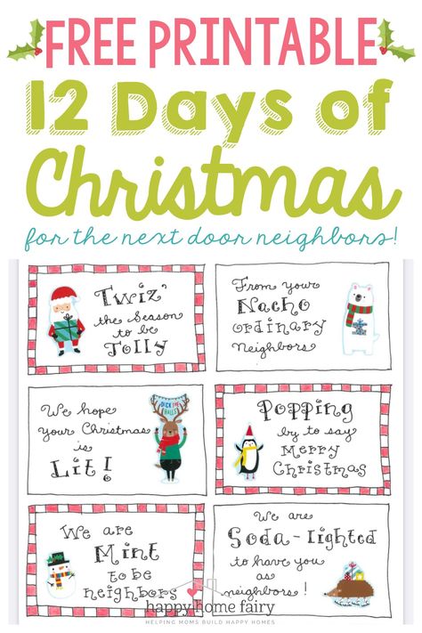 **I am a few days late posting this, but I know some of you are just like me and thrive in the last minute! I get my best ideas 24 hours after a deadline!** We have been blessed with wonderful neighbors and I love to find ways to say “thank you” to them for always […] Free Printable 12 Days Of Christmas Tags, 12 Days Of Christmas Printables, 12 Days Of Christmas Gifts, Christmas Carol Game, Christmas Activities For Toddlers, Happy Home Fairy, Christmas Eve Service, Christ Centered Christmas, Fun Christmas Games