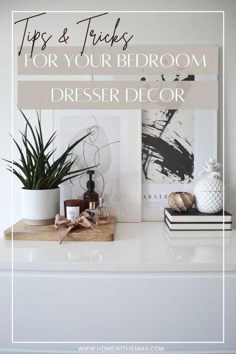 How to decorate a dresser top Bedroom Dresser Decor Ideas Without Mirror, What To Put On Bedroom Dresser, Bedroom Dresser Decor Ideas Minimalist, Styling A Bedroom Dresser Top, What To Put On Dresser Top, How To Decorate A Long Dresser, Bedroom Dresser Top Decor Ideas, Top Of Dresser Storage, How To Decorate A Dresser Top Bedroom