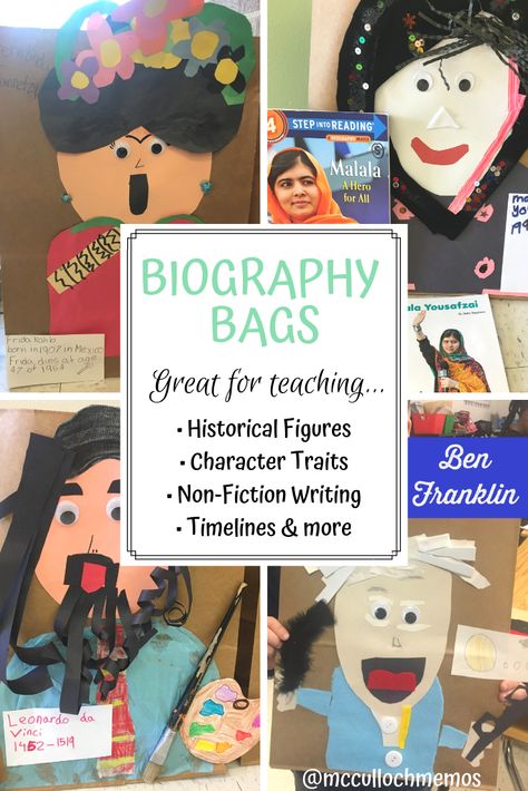 Biography bags are a great interdisciplinary project based learning artifact! Check out this post about how to get started! Project Based Learning Elementary, Biography Projects, Biography Project, Pbl Projects, 4th Grade Social Studies, 5th Grade Social Studies, Book Reports, Social Studies Elementary, Inquiry Based Learning