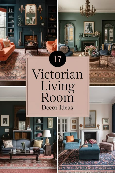 Collage of Victorian living room decor ideas with vintage furniture and ornate rugs. Small Modern Victorian Living Room, Maximalist Decor Victorian, Mid Century And Victorian, Traditional Sitting Room Decor, Elegant House Interior Victorian, Traditional Lounge Ideas, Period Living Room Ideas, Modern Victorian Living Room Ideas, Modern Victorian Homes Interior Ideas Living Room