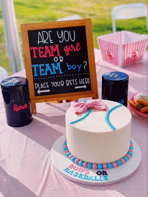 Baseballs Or Bows Gender Reveal Cake, Baseball Or Bows Cake, Gender Reveal Ideas Baseball Theme, Baseball Gender Reveal Cake, Baseball Gender Reveal Party Decorations, Gender Reveal Baseball Or Bows, Gender Reveal Baseball Theme, Baseball Or Bows Gender Reveal Ideas, Baseball Gender Reveal Ideas