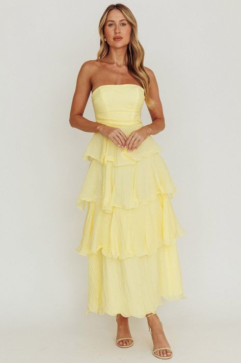 Giavana Strapless Layered Ruffles Midi Dress Lemon Homecoming Midi Dress, Yellow Tiered Dress, Layered Bridesmaid Dress, Pastel Ruffle Dress, Yellow Bridesmaid Dresses Mismatched, Tiered Bridesmaid Dress, Layer Midi Dress, Yellow Ruffle Dress, Pale Yellow Dress