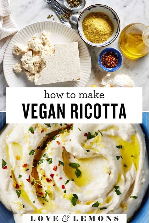 This vegan ricotta cheese is easy to make with plant-based ingredients like tofu and nutritional yeast! Rich and creamy, it's delicious in lasagna, stuffed shells, and more. Almond Milk Ricotta Cheese, Substitute For Ricotta Cheese, Veg Cake, Vegan Edibles, Vegan Ricotta Cheese, Vegan Cheese Recipe, Ricotta Recipe, Vegan Ricotta, Vegan Cheese Recipes