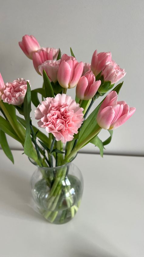 a vase filled with a bouquet of flowers of pink tulips and pink carnations Spring Flowers Bouquet Tulip, Tulip Carnation Bouquet, Carnations Bouquet Aesthetic, Tulips And Carnations Bouquet, Tulip And Carnation Bouquet, Carnation In Vase, Tulip Bouquet In Vase, Carnation Flower Aesthetic, Carnations Aesthetic