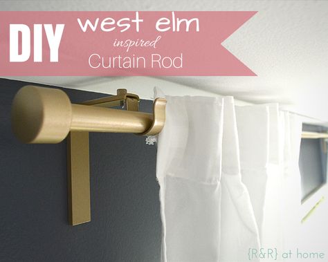 {R&R} at home: DIY West Elm Inspired Curtain Rod - Ikea has white rods with chunky cylindrical ends that you can spray paint. West Elm Diy, Ikea Curtain Rods, Ikea Curtain, Gold Curtain Rods, West Elm Inspired, Apartment Curtains, Ikea Craft Room, Diy Curtain Rods, Painted Curtains