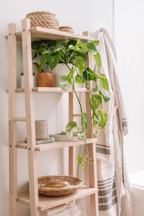 Carpenter Projects, Shelving Unit Ideas, Bathroom With Plants, Bathroom Bookshelf, Bohemian Bathroom Decor, Bathroom Shelving Unit, Loft Inspiration, Bathroom Sanctuary, Wood Shelving Units