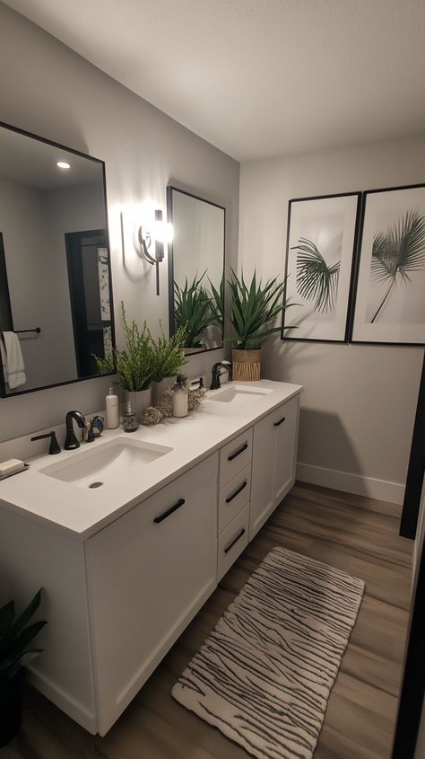 Embrace harmony with a Libra-inspired zen bathroom 🌿✨. Balanced colors and a symmetrical layout create serenity. Enjoy a spacious double vanity and peaceful artwork 🎨. Plant accents add a touch of nature, promoting tranquility in your personal oasis 🛁💚. Perfect for relaxation! Bathroom Decor For Two Sinks, His Hers Sinks Bathroom Ideas, His And Her Sink Decor Ideas, Two Sinks Bathroom Ideas, Double Vanity Decor, His And Her Bathroom Ideas Decor, Spa Guest Bathroom, Bathroom Decor Double Sink, His And Her Bathroom Ideas