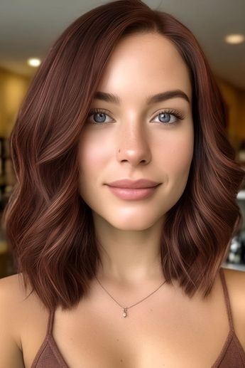 Copper-Tinted Mahogany Chestnut, fall hair colour idea Hair Colour Mahogany, Brown Hair Mahogany Highlights, Cool Tone Copper Hair Color, Auburn Gloss Hair, 5rb Hair Color, Mahogany Chestnut Hair Color, Short Bronze Hair, Fall Hair For Brown Eyes, Hair Colour Copper