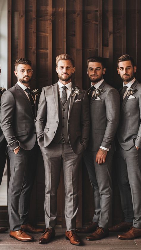 stylish groomsmen Elegant Wedding Party Attire, Groomsmen Attire Aesthetic, Charcoal Suits Groomsmen, Tuxedo Colors For Wedding, Dark Wedding Party Attire, Groomsman Grey Suits, Groomsmen Attire Colors, Dark Grey Groomsmen Attire, Groommaids Suit