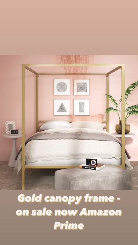 Boho home decor, Gold accents for home, bedroom furniture, gold furniture, bedframes, headboard, wayfair finds, platform bed frame, minimalist house Tall Platform Bed, Metal Canopy Bed, Modern Structure, Tall Bed, Canopy Bed Frame, Canopy Frame, Steel Canopy, Four Poster Bed, Metal Canopy