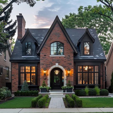 Red Brick House Black Windows, English Brick House, Outside House Design, Rustic Cottage Exterior, Modern Traditional House, Brick House Exterior Makeover, Tudor Design, House Ideas Exterior, Apartments Exterior