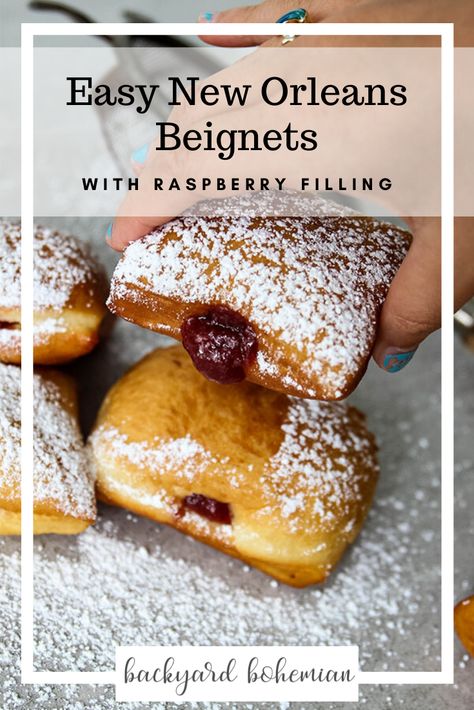 Easy New Orleans style raspberry filled beignets are pillowy, fluffy, and covered in powdered sugar! These babies will transport your right to New Orleans! Beignets With Filling, Stuffed Beignet Recipe, Chocolate Filled Beignets, Beneights Recipe New Orleans, Binet Recipe New Orleans, Strawberry Beignets, Filled Beignets, Stuffed Beignets, Beignets Recipe Easy