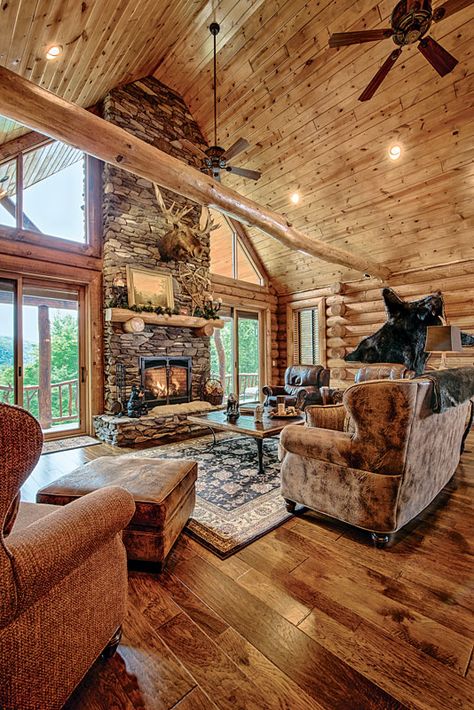 Great-Room-Unique-Wood-Flooring-Fireplace-Flat-Feature-Wall-Interior-Dowell-(Golden-Eagle-Log-Homes)-4 Log Cabin Homes Interior, Log Cabin Interior Design, Cabin Homes Interior, Cabin Interior Design, Log Cabin Living, Log Home Living, Log Cabin Interior, Log Home Interiors, Log Cabin Ideas