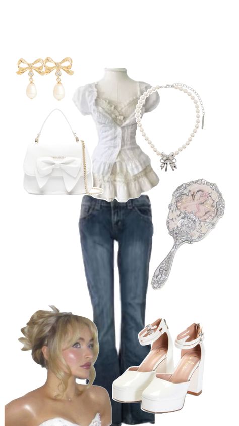 Pearls and bows White Feminine Outfit, Sabrina Carpenter Outfits, White Swan, 2000s Fashion Outfits, White Pumps, Feminine Outfit, Inspired Outfits, 2000s Fashion, Sabrina Carpenter