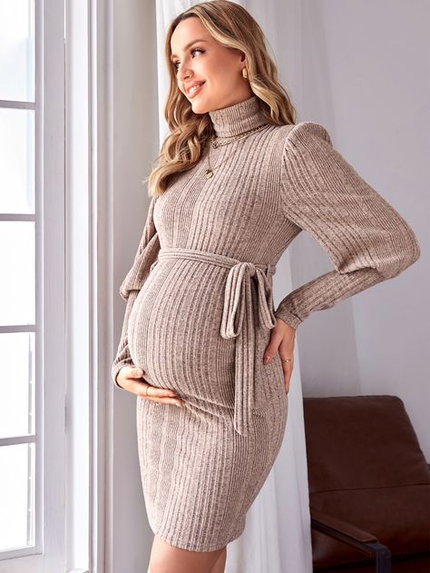 Maternity Dress With Tights, Dressy Maternity Outfits, Winter Maternity Dress, Latest Maternity Dresses, Ribbed Knit Bodycon Dress, Gigot Sleeve, Long Sleeve Maternity Dress, Shein Maternity, Maternity Chic