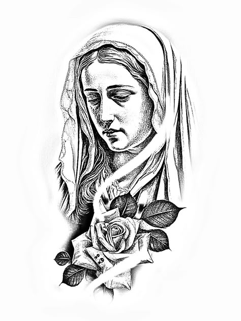 Maria Tattoo Design, Virgencita Tattoo Stencil, Santa Maria Tattoo Designs, Mama Mary Tattoo Design Sketch, Mama Mary Tattoo Design Black And Grey, Madonna Tattoo, Aztec Drawing, Jesus Drawings, Religious Tattoo