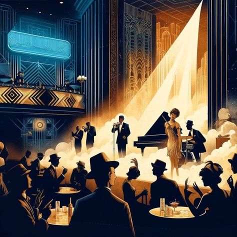 Art Deco Jazz Club, Jazz Singer Illustration, 1940s Jazz Aesthetic, Art Deco Animation, 1920s Jazz Club Aesthetic, Jazz Age Aesthetic, Jazz Animation, Club Vibes Aesthetic, 1920s Jazz Club