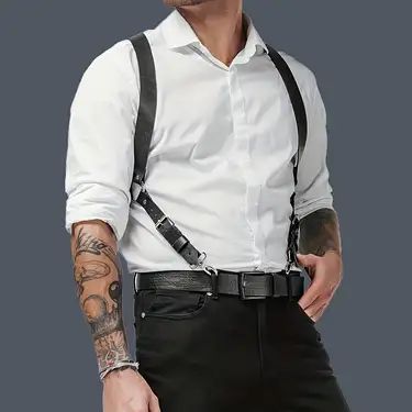 Temu Casual Groomsmen Attire, Lgbt Wedding Attire, Casual Groomsmen, Casual Wedding Attire, Sock Suspenders, Suspenders Men, Leather Suspenders, Mens Black Leather, Gothic Outfits