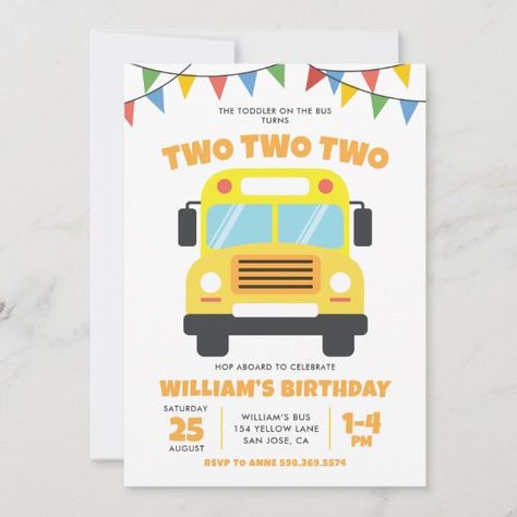 Wheels on the Bus Invitation School Bus Birthday Wheels On The Bus Invitation, School Bus Birthday Party, Construction Site Birthday Party, School Bus Birthday, Bus Birthday Party, School Bus Party, Second Birthday Boys, Bus Party, Transportation Birthday