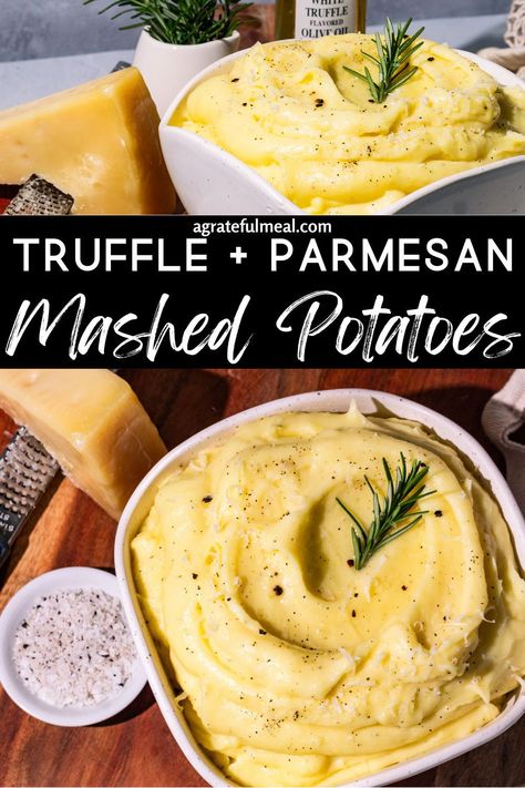 These truffle mashed potatoes with parmesan cheese are one of the best side dish recipes. These are garlic mashed potatoes and truffle oil, full of flavor. The addition of parmesan cheese takes them to the next level. This side dish recipe is easy and simple to make, and it will be the perfect addition to any meal. Potatoes With Parmesan Cheese, Olive Oil Mashed Potatoes, Truffle Mashed Potatoes, Truffle Oil Recipes, Parmesan Mashed Potatoes, Luxury On A Budget, Best Side Dish, Baked Potato Recipes, Truffle Butter