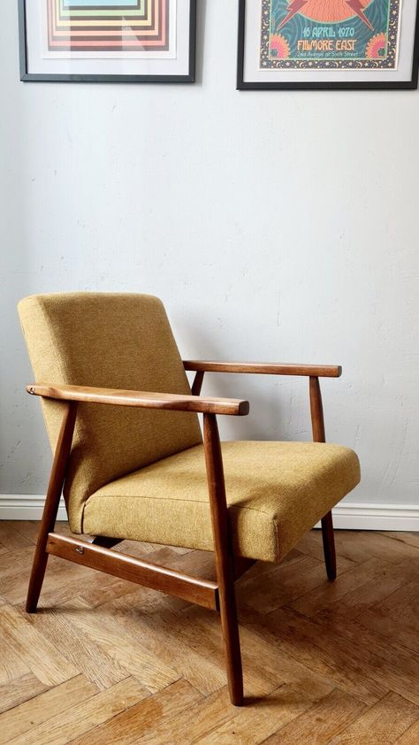 Mid Century Mustard Yellow Linen Armchair 60s  | eBay Mustard Yellow Chair, 60s Armchair, Mustard Armchair, Mcm Chair, Yellow Armchair, Chair Pictures, Yellow Chair, Linen Armchair, Bin Laden