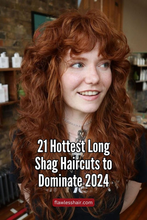 Wavy Copper Shag Super Shag Haircut, Modern Day Shag Long Hair, Shag Long Curly Hair, Rock And Roll Shag Haircut, Long Copper Shag Hair, Shag 90s Hair, Shag Hairstyles For Long Hair, Curly Shag Long Bangs, Naturally Curly Shag Haircut Long