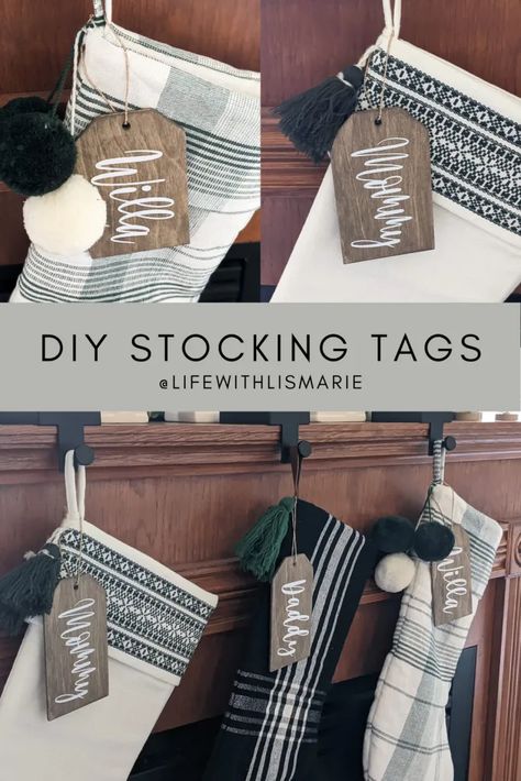 Stocking Name Tags Cricut, Cricut Christmas Stocking Names, Cricket Christmas Stocking, Wooden Christmas Gift Tags Diy, Stocking Board Diy, Stocking Labels Diy, Cricut Stocking Names, Mini Stocking Ideas, Diy Wooden Tags