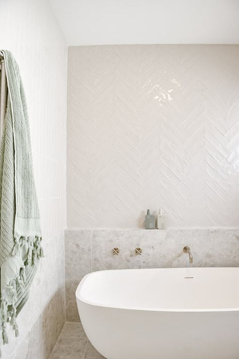 Brushed Nickel Tapware, Nickel Tapware, White Fish Scale Tile, Herringbone Bathroom, Herringbone Tile Bathroom, Edges Easy, White Terrazzo, Coastal Bathrooms, Bathroom Design Inspiration