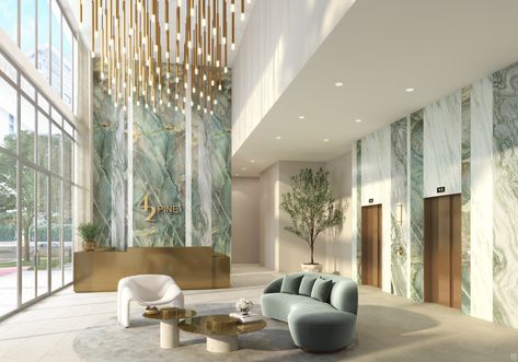 The Boymelgreens Launch Sales Of Luxury Residences At 42 Pine In Miami Beach - Florida YIMBY Condo Lobby Design, Miami Hotel Room, Beach Resort Reception Lobby, Residential Lobby Design, Luxury Apartment Miami, Miami High Rise Condo, Beach Hotel Lobby, Condo Lobby, Miami Building