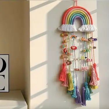 Hanging Rainbow Craft, Rainbow Room Ideas, Girls Room Rainbow, Bow Headband Holder, Girls Rainbow Bedroom, Rainbow Room Decor, Rainbow Girls Room, Rainbow Macrame Wall Hangings, Macrame Wall Hanging Decor