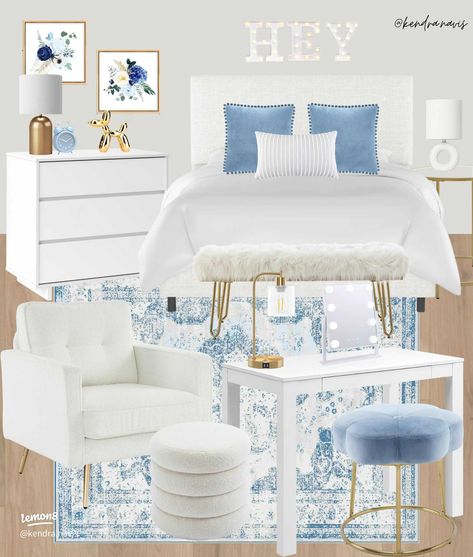 Light Blue, White & Gold Bedroom Mood Board | Gallery posted by Kendra | Lemon8 Blue White Gold Bedroom, Light Blue And White Bedroom, White Gold Bedroom, Female Bedroom, Light Blue Rooms, Blue Girls Rooms, White Dorm Room, Blue White Bedroom, Girls Blue Bedroom