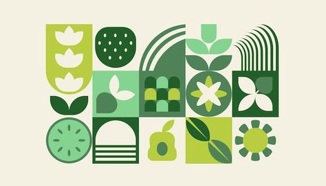 Vector bauhaus plants natural geometric ... | Premium Vector #Freepik #vector Sustainability Graphic Design Ideas, Flower Geometric Design, Shape Patterns Design, Nature Packaging Design, Bauhaus Packaging, Natural Moodboard, Geometric Branding, Tissue Design, Abstract Packaging