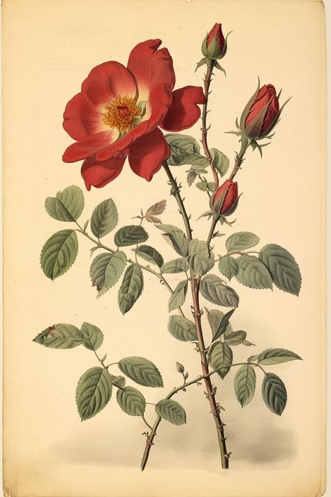 Wild Rose, Red Rose, Green, Red, White, Art