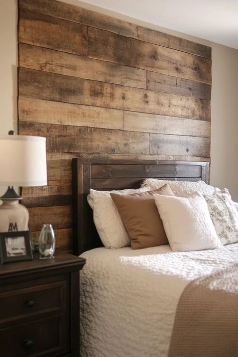 "Bring the outdoors in with a DIY Pallet Wood Accent Wall! 🛠️🪵 Perfect for adding warmth and texture to your living space. 🌟✨ #PalletWall #DIYHomeDecor #RusticLiving" Pallet Wall Headboard, Pallet Wood Wall Bedroom, Rustic Wood Accent Wall Bedroom, Wood Accent Wall Behind Bed, Interior Cabin Walls Ideas, Behind The Bed Accent Wall, Wood Behind Bed, Diy Wood Accent Wall Bedroom, Wooden Accent Wall Bedroom